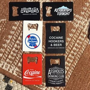 A$$HOLES LIVE FOREVER set of 6 Metal Beer Bottle Can Openers Wallet Sized Party